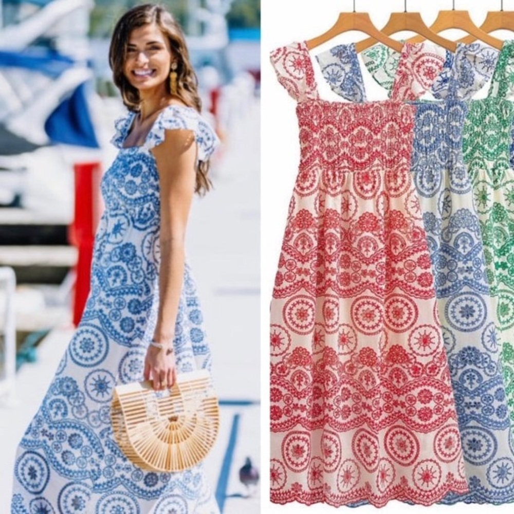 smocked MAXI dress white lined sundress + blue red or green eyelet embroidery